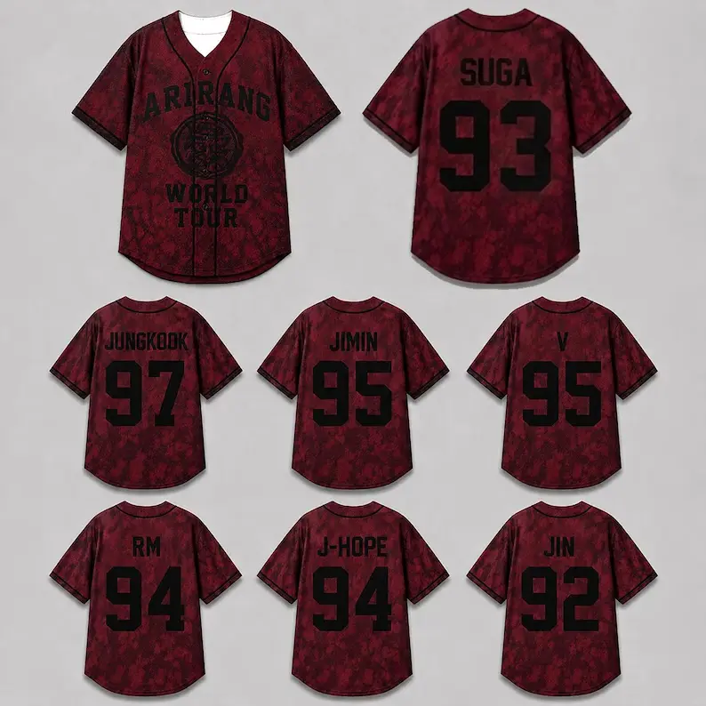 7 K-Pop Inspired Baseball Jersey Designs, Vintage Burgundy Tie-Dye Button-Up Shirt with Name and Number Print, Unisex Concert Outfit, Korean Pop Music Fan Gift