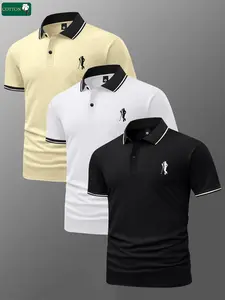 Men’s Summer 3-Pack Short-Sleeve Cotton Polo Shirts with Gentleman Pattern Print, Classic Retro Style — Lightweight, Versatile Sporty Casual Outdoor Fashion Golf Apparel, Trendy Black Short-Sleeve Design, Ideal Gift for Boyfriend or Husband