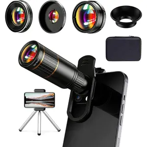 Phone Camera Lens Kit 4-in-1, Come with 22X Telephoto Lens, 205° Fisheye Lens, 4K 0.67X Wide Angle Lens, 25X Macro Lens, Clip, and Phone Mini Tripod for iPhone and Android Phone Series
