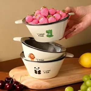 Cute Animal Stainless Steel Mixing Bowls with Strainer Set, 3-in-1 Colander & Prep Bowl for Fruits, Baking & Kitchen Prep