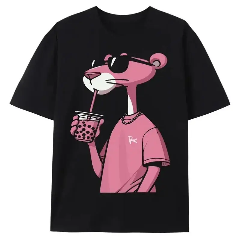 Unisex Cool Pink Panther & Boba Tea Graphics Short-Sleeved Sports Top, Relaxed Fit Washed Cotton Fabric, Summer Casual Streetwear for Men & Women, Apparel, All Over Print
