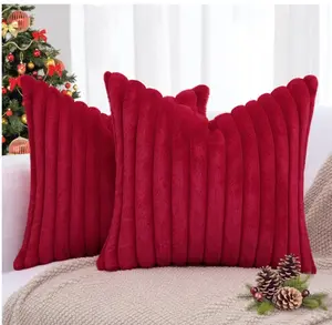 Christmas Faux Fur Throw Pillow Covers 18x18 Set of 2, Decorative Soft Plush Striped Couch Pillow Covers with Velvet Back for Sofa, Bed, Living Room, Red