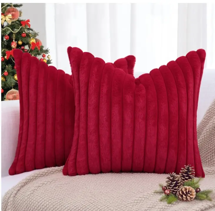 Christmas Faux Fur Throw Pillow Covers 18x18 Set of 2, Decorative Soft Plush Striped Couch Pillow Covers with Velvet Back for Sofa, Bed, Living Room, Red