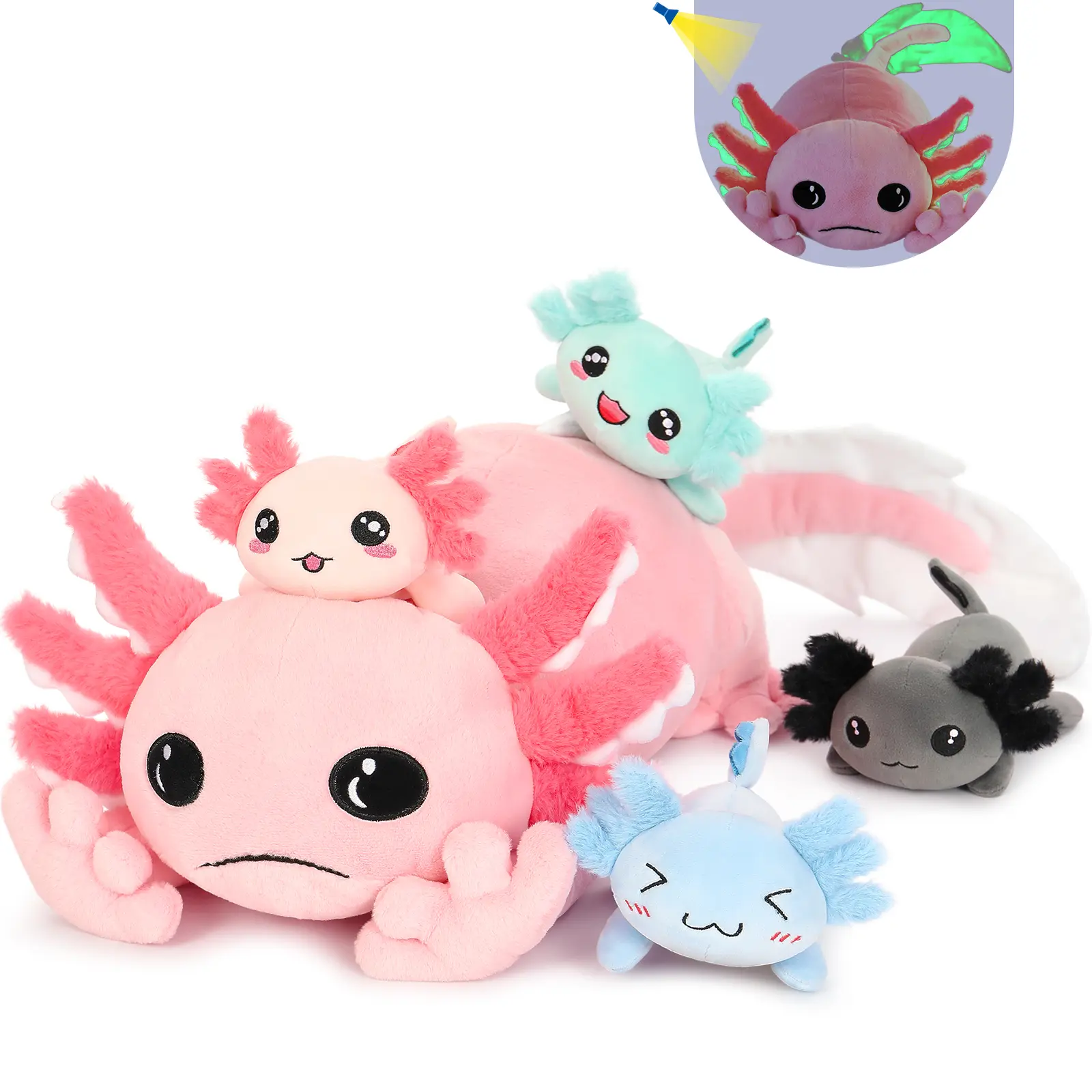 32in Glow-in-The-Dark Axolotl Plush Toy Set, 1 Mommy Axolotl with 4 Baby Axolotls, Soft Stuffed Animal Pillow with Zipper Storage for Kids Gifts