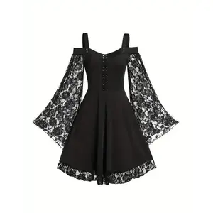 Elegant Gothic Bell Sleeve Dress with Floral Lace Detailing, Black A-Line Mini Dress for Women - Off-Shoulder Design, Polyester, Machine Washable(Sheet)