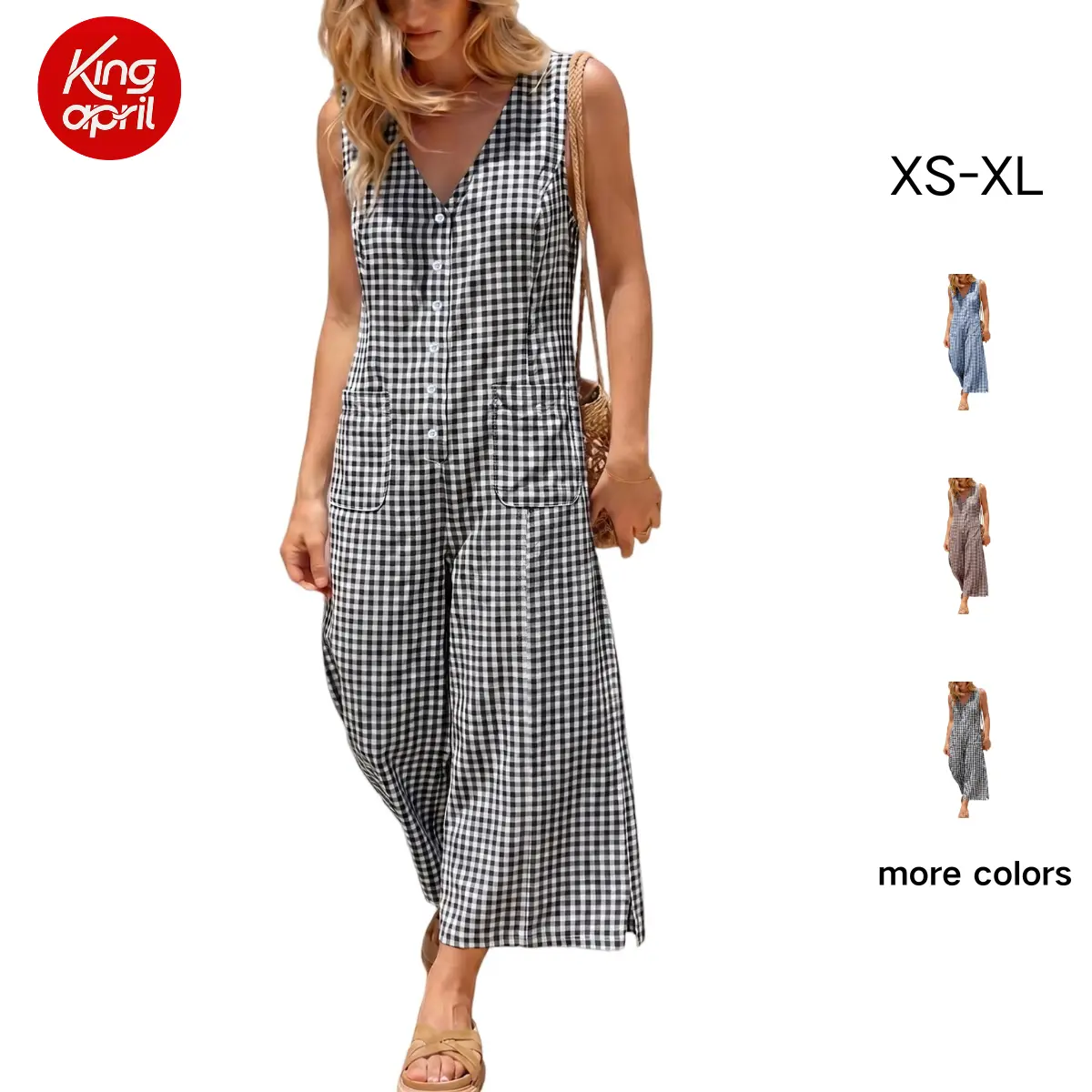 Kingapril Women's Retro Plaid Jumpsuit in Breathable 100% Cotton, Sleeveless Wide Leg Summer Essential with an Adjustable Waist & Pockets, Vintage, Piece, Overalls For Women, Loose-Fit, Style, Classic, Checkered, Basics, V-Neck, Drawstring