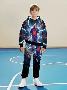 Boys Barcelona Lightning Effect Set, Messi No. 10 Sweatshirt Pants, Blue Electric Style, Casual Fall & Winter