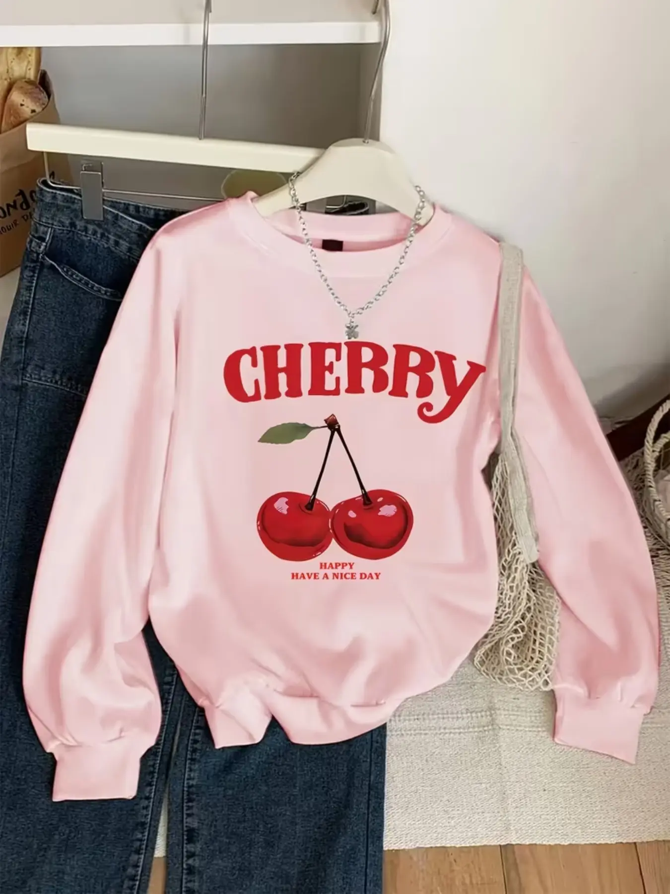 Girls Vintage Cherry and Letter Print Crew Neck Sweatshirt, Comfortable Polyester Long Sleeve Pullover, Perfect for Fall and Winter, Graphic Print Sweater, Casual Cozy Cute Sweatshirt