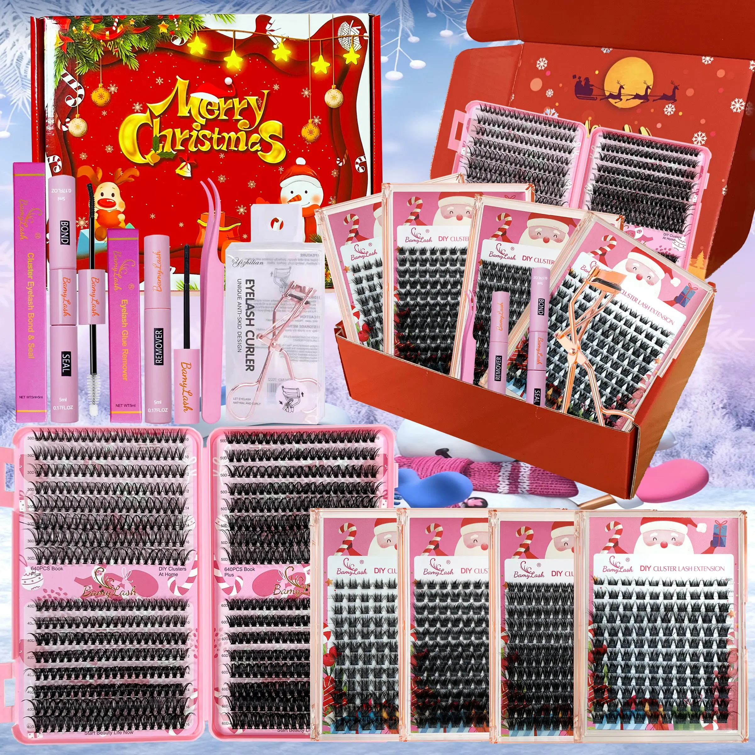 1204PCS Diy Cluster False Eyelashes Set with Lash Bond & Seal Remover Tweezers and Curler 8-16mm D Curl Soft Natural Volume Individual Lash Extensions Kit  Easy DIY at Home Create Salon Quality Look for Beginners Proficient Christmas Gift Cosmetic Makeup
