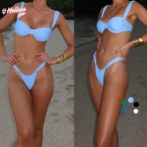 Women 2-Piece Bikini Swimsuits Solid Colors Ruched Bra and Elastic Thong Sets for Summer Beachwear Bathing Suit