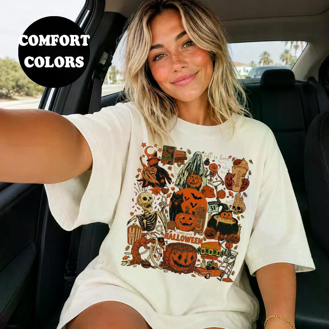 Comfort Colors Vintage Halloween Collage Graphic T-Shirt, Retro Spooky Season Pumpkin Skeleton Ghost Tee, Vintage Fall Autumn Halloween Shirt