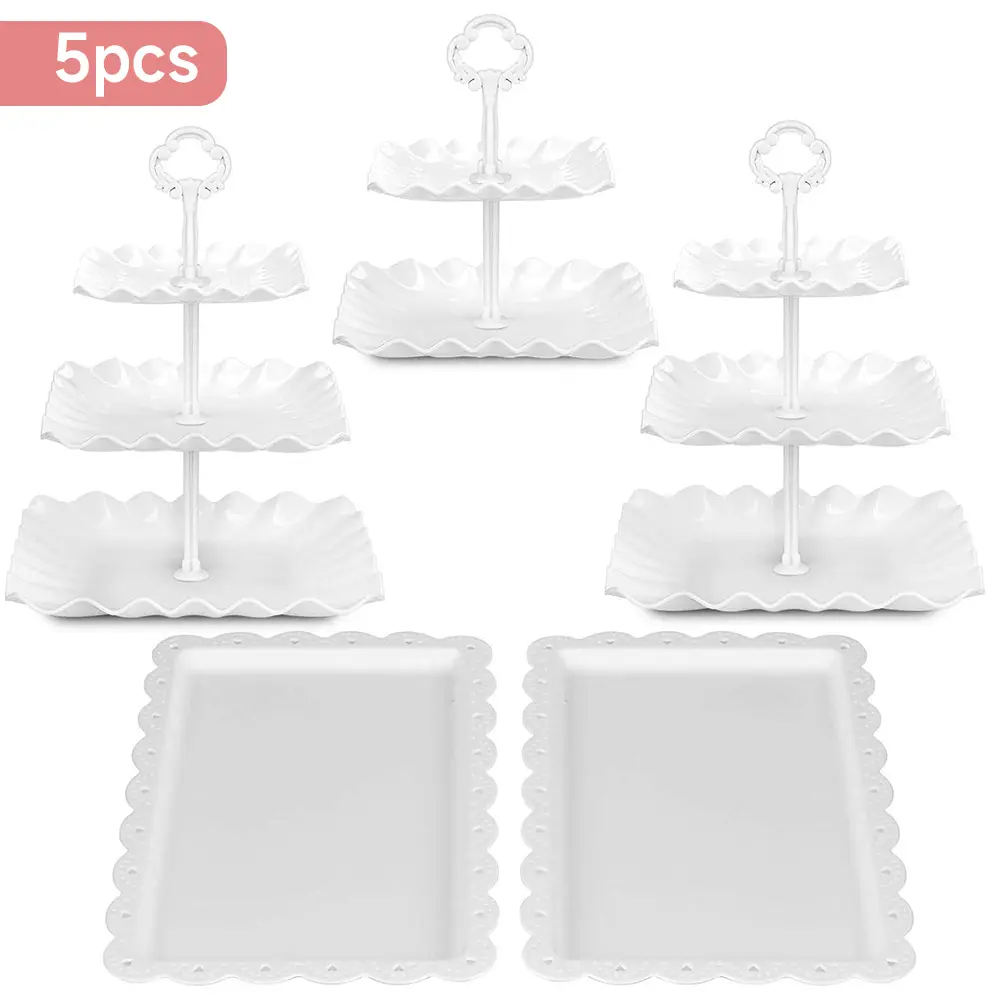5 Piece Cake Stand Set – Includes 2 x 3‑Tier Cupcake Stands, 1 x 2‑Tier Cupcake Stand, and 2 x Appetizer Trays –  Stands for Wedding, Birthday, Tea Party, Buffet  – Perfect for Cupcakes, Cookies, Fruits, Mini Sandwiches, and Party Favors (5 Pieces, White)