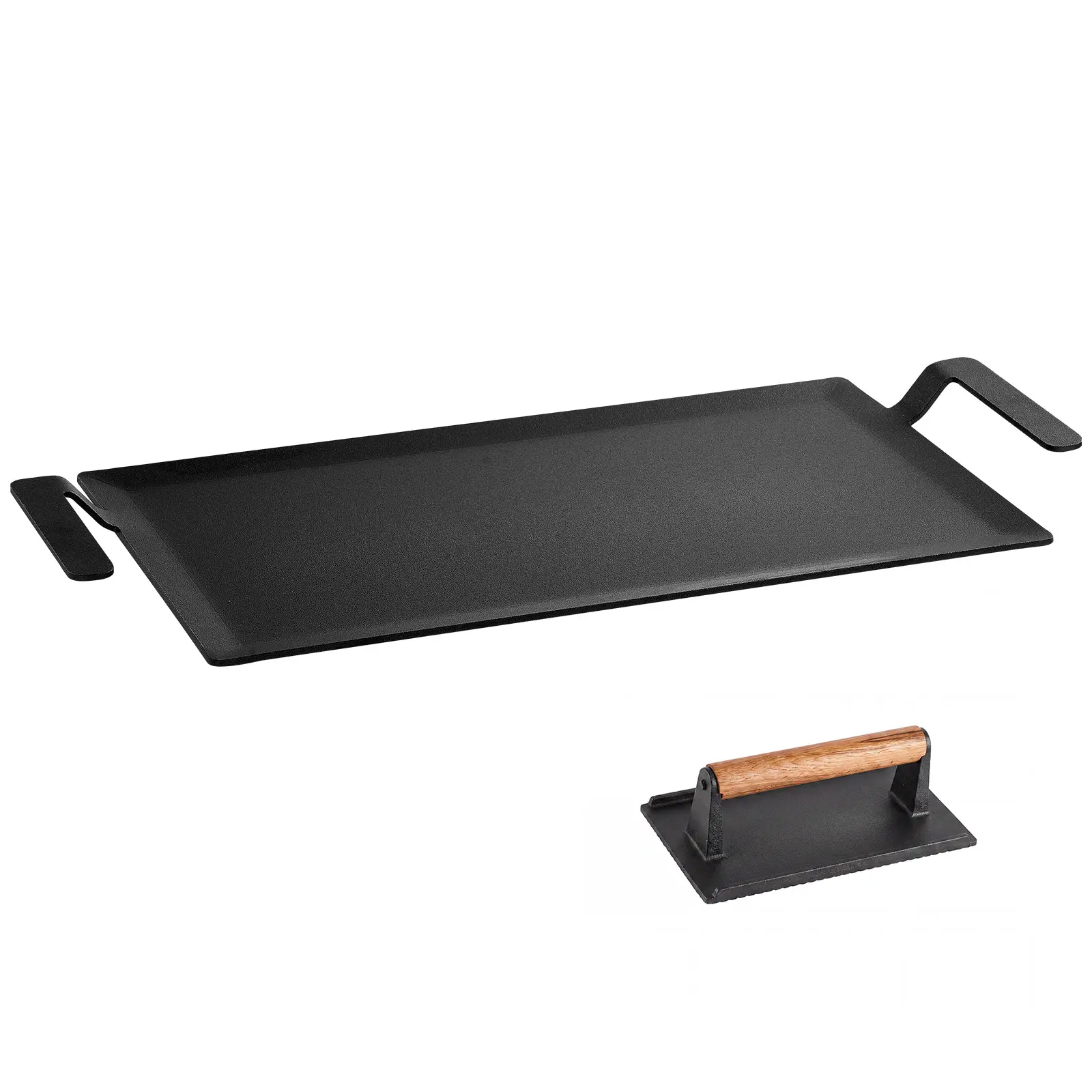 VEVOR Carbon Steel Griddle 20x10 in Flat Top Pre-Seasoned Plate Handle, for BBQ Eggs Burgers, Non-Stick, Portable Rectangular Family Cookware with Meat Press, for Outdoor Gas Grill/Stove, Induction,sohochic