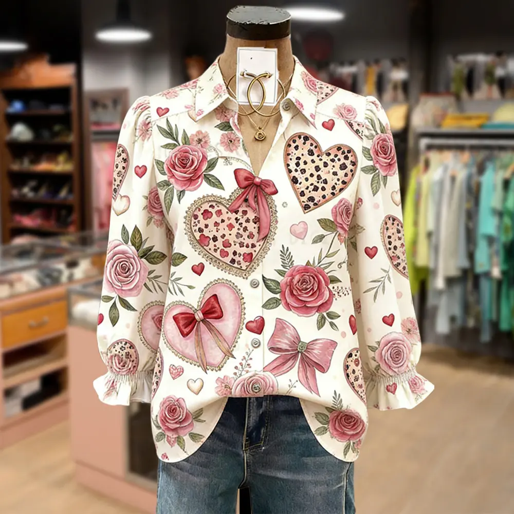 Cherrybetty Colorful Heart Print Collared Puff Sleeve Valentine's Day Top Women Going Out Tops Sweety Comfort Elegant Outfits