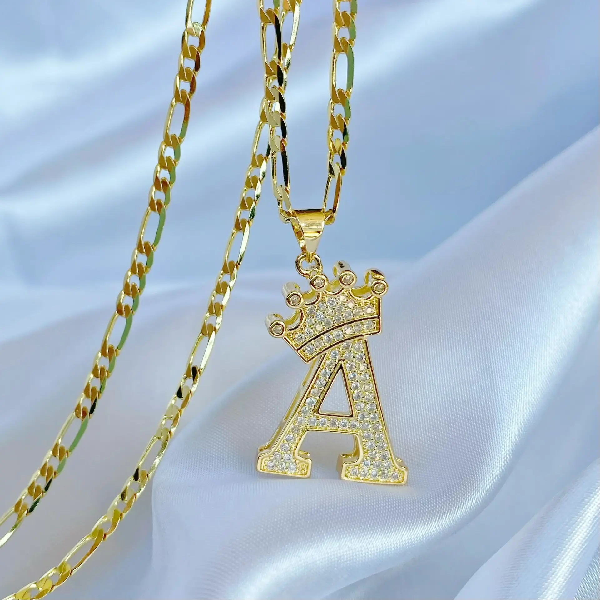Meraki Zircon Initial Letter Necklace Women 3MM Figaro Chain 50+5CM Adjustable Fashion Jewelry Gift