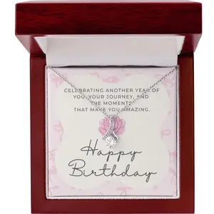 Pink Coquette Birthday Necklace Card | Feminine CZ Pendant Gift | Bow & Rose Birthday Jewelry | Made-to-Order