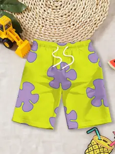 Boys' Beach Shorts "Same Style as Patrick Star", yellow-green floral printed elastic waist shorts, skin-friendly, quick-drying and non-stuffy, suitable for seaside water play / pool fun / summer travel with varied outfits