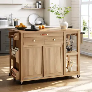 Large Kitchen Island with Storage & Charging Station, Rolling Kitchen Island Table on Wheels with Drop Leaf & 2 Drawers, Mobile Island Cart with Pull-Out Shelf, Spice Rack