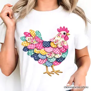 Floral Chicken Printed Faux Patchwork T-Shirt, Coquette Hen Farmhouse Tee