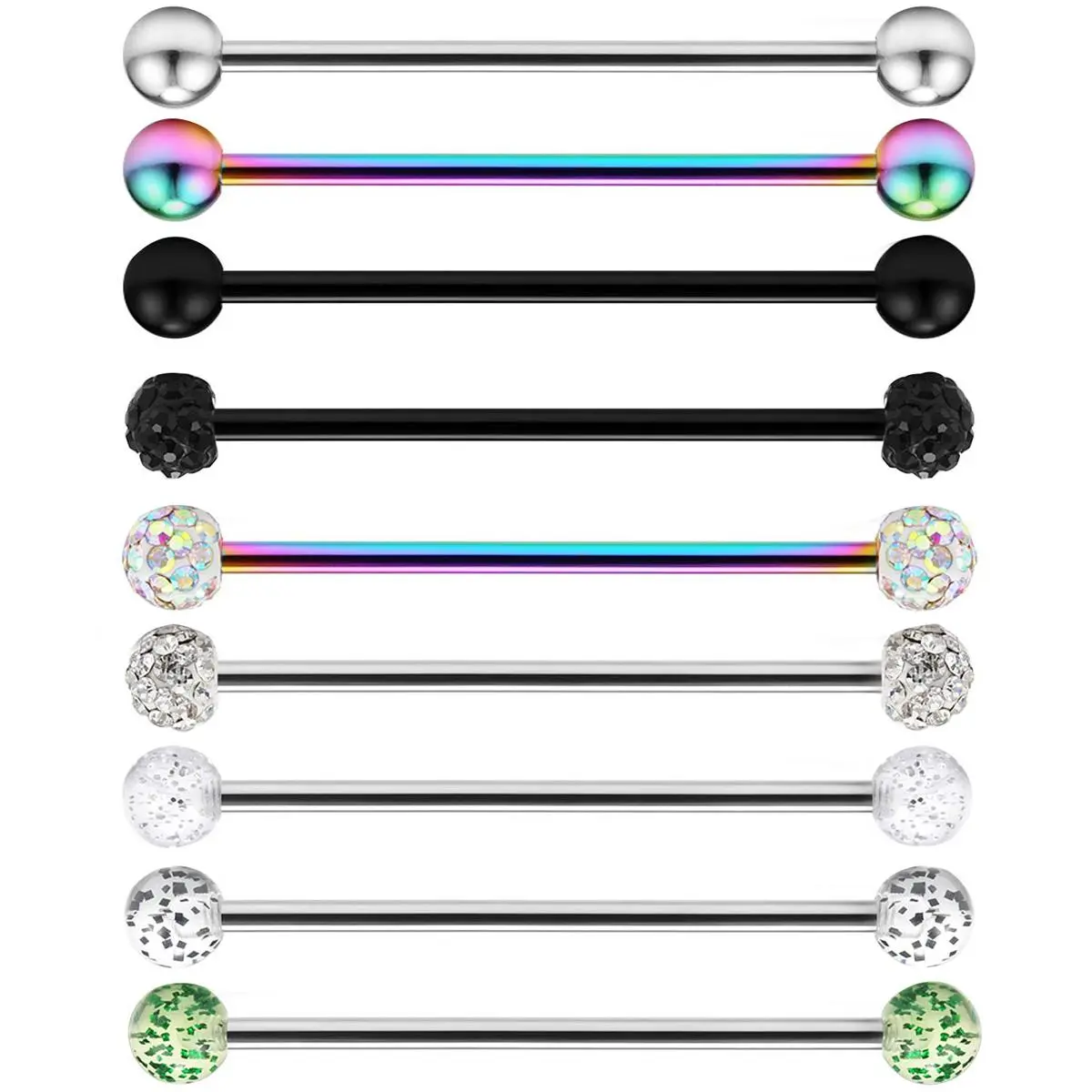 OIDEA 9-Piece 14G Hypoallergenic 316L Stainless Steel Cartilage Barbells, 32mm-38mm Mixed Lengths, Multi-Color Cubic Zirconia Ball Ends, Bling Effect Bold Look for Sensitive Piercings Everyday Wear, Multi-Size, Body Jewelry Set, Crystal, 3 Post Lengths, G