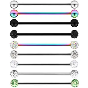 OIDEA 14G 316L Stainless Steel Cartilage Tongue Barbell, Body-Safe Piercing Jewelry with Cubic Zirconia Rhinestones, 9PCS Mixed Length Set