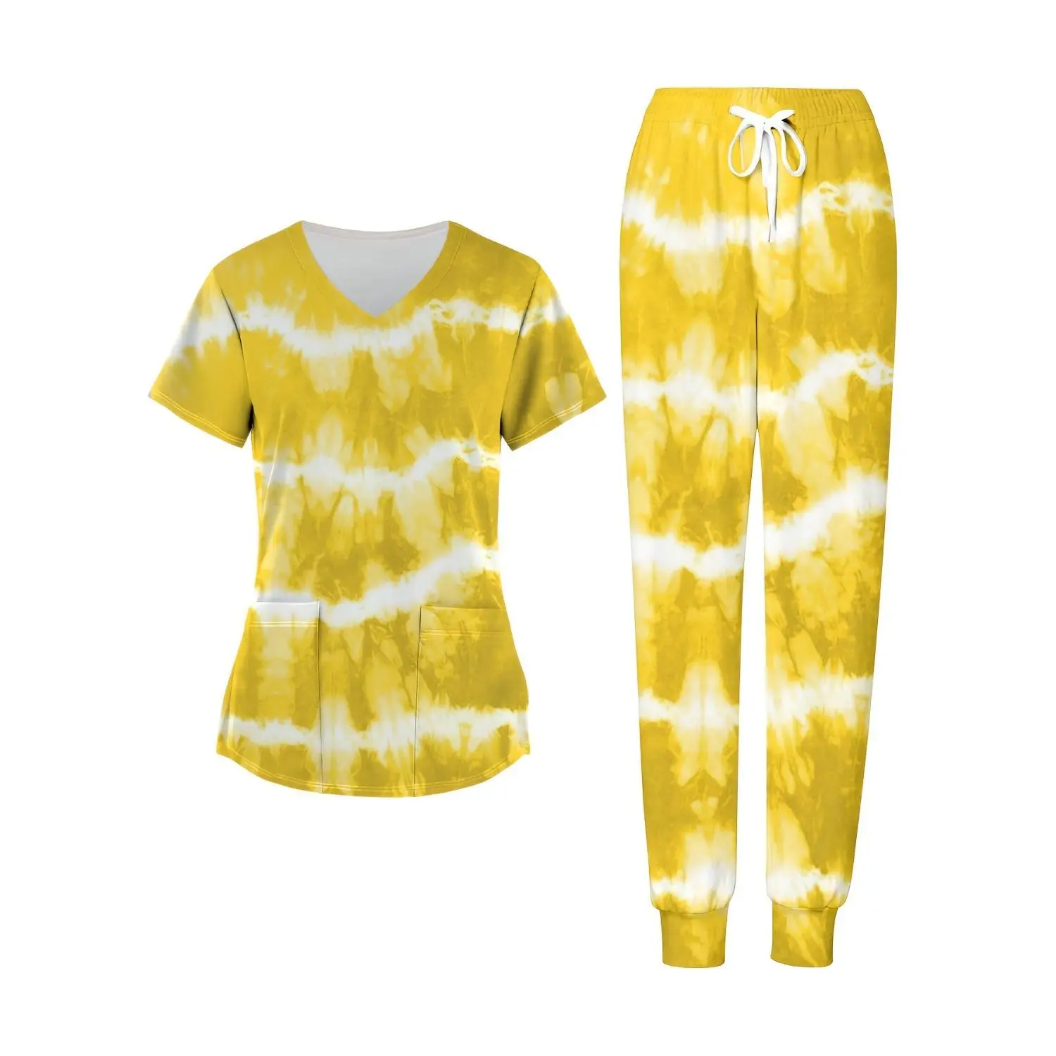 Yellow Tie-Dye V-Neck Nurse Scrubs Set with Pockets - Comfortable Stretch Uniform for Women Healthcare Professionals