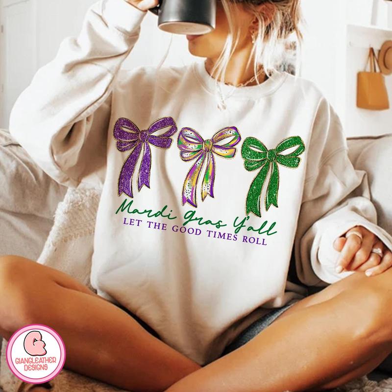 Preppy Mardi Gras Y'All Sweatshirt, Mardi Gras Sweater, Fleur De Lis Coquette Sweatshirt, Brushstroke Mardi Gras Sweatshirt
