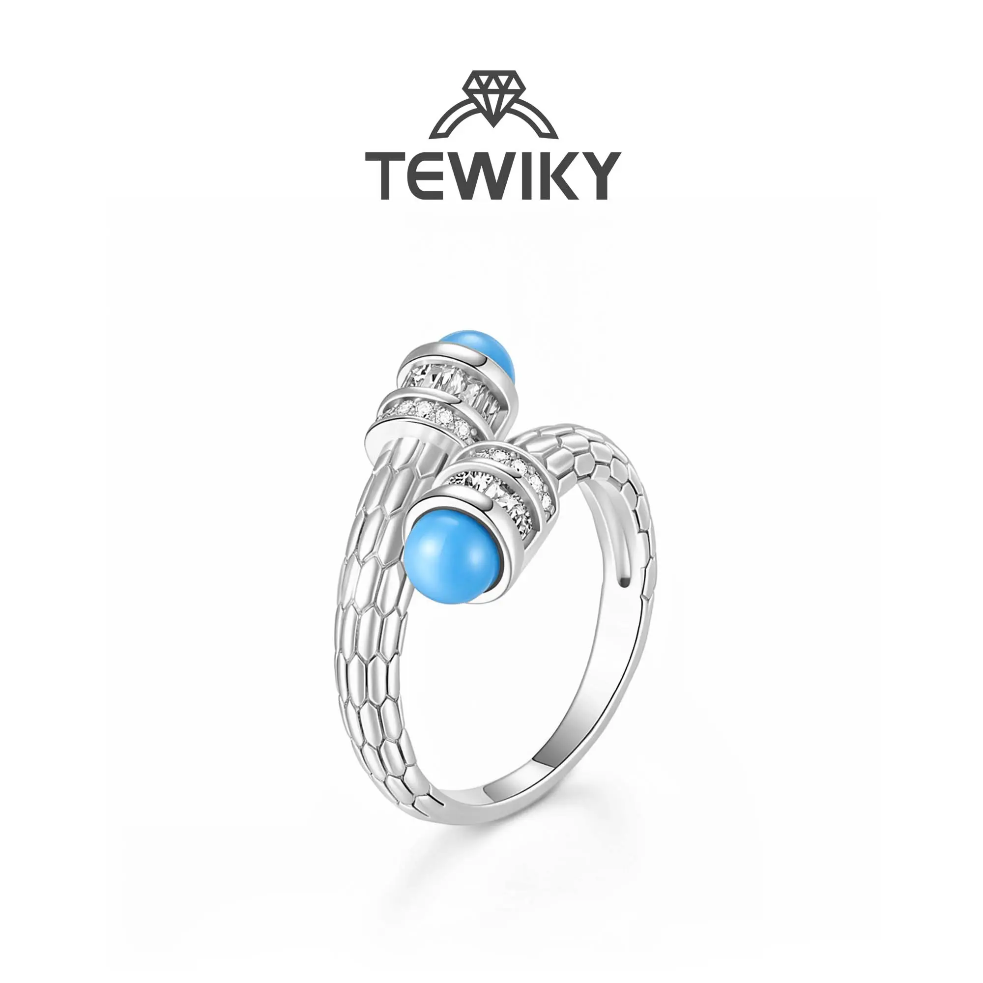 TEWIKY 925 Sliver-Plated Silver Open Ring Inlaid with Turquoise and Various Sized Cubic Zirconia Diamond Pattern Ring, Fashion Jewelry Gift Ring