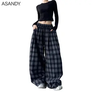 ASANDY Navy Plaid Oversized Wide-Leg Pants High Waist Drawstring Trousers Y2K Retro Aesthetic Hide Hips Casual Streetwear for Women Fall 2025