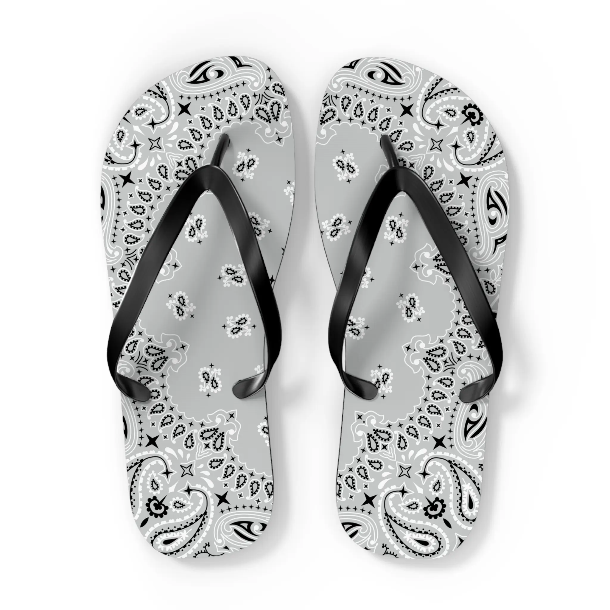 Moonstruck Gray Bandana Flip Flops, Summer Beach Sandals, Tropical Vacation Slippers, Boho Chic Footwear, Resort Wear Accessories