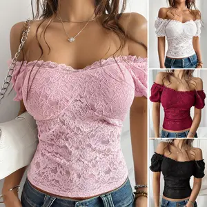 Women's Plain Lace Top, Y2K Fashion Casual Crop Top for Daily Outdoor Wear, Valentines Day Outfit, Women Clothing for Spring Summer S-XL