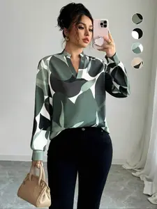 Women's Fall Long Sleeve Shirt Collar Top Printed Blouse, Casual Woven Fabric Moderate Thickening, Ladies Fashion Clothing, Casual Boho Blouses