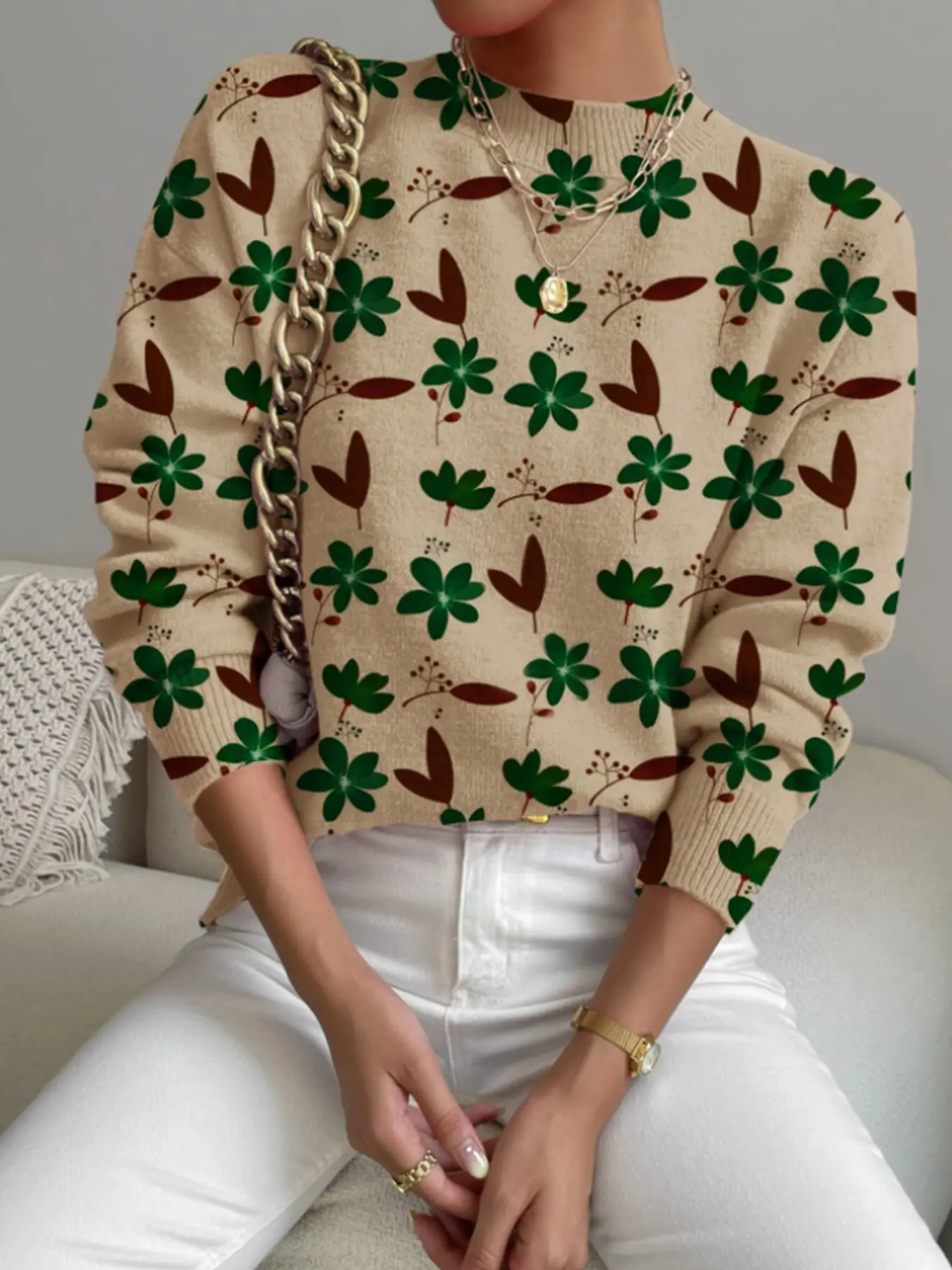 Fashion Women's Floral Print Long Sleeve Sweater, Warm and Versatile for All Seasons, Elegant Fitted Casual Jumper