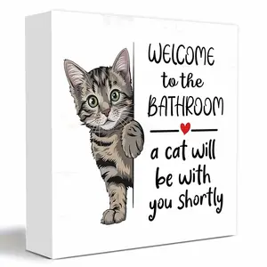 1PCS White Wood Box Decorative Sign Plaque Welcome To The Bathroom A Cat Will Be With You Shortly Cute Kitten Kitty Pet Animal 2D Flat Desk Decor 5x5 Inches Home Study Living Room Bedroom Office Bathroom Shelf And Table Decor