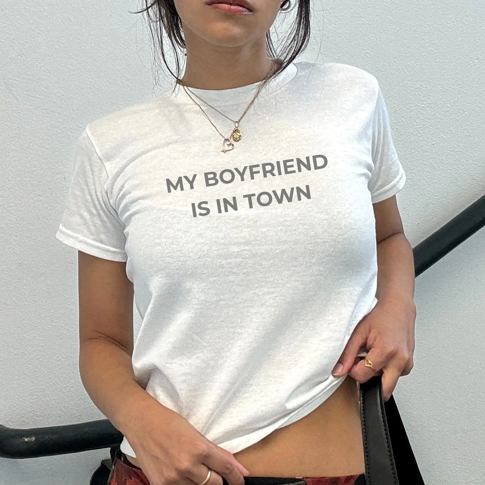 My Boyfriend Is In Town Y2k Baby Tee - Tate Meme T-Shirt - 00s Style Celebrity Inspired Crop Top - Tate Retro Vibe