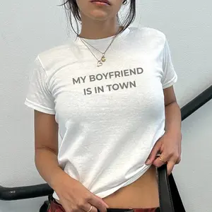 My Boyfriend Is In Town Y2k Baby Tee - Tate Meme T-Shirt - 00s Style Celebrity Inspired Crop Top - Tate Retro Vibe