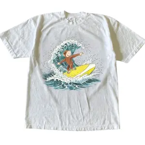 Curious George Y2K Funny Surfing Graphic T-Shirt - Vintage Graphic Tee – Menswear & Womenswear – Streetwear Tops – Casual Cotton Crewneck Shortsleeve T-shirt