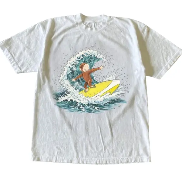 Curious George Y2K Funny Surfing Graphic T-Shirt - Vintage Graphic Tee – Menswear & Womenswear – Streetwear Tops – Casual Cotton Crewneck Shortsleeve T-shirt