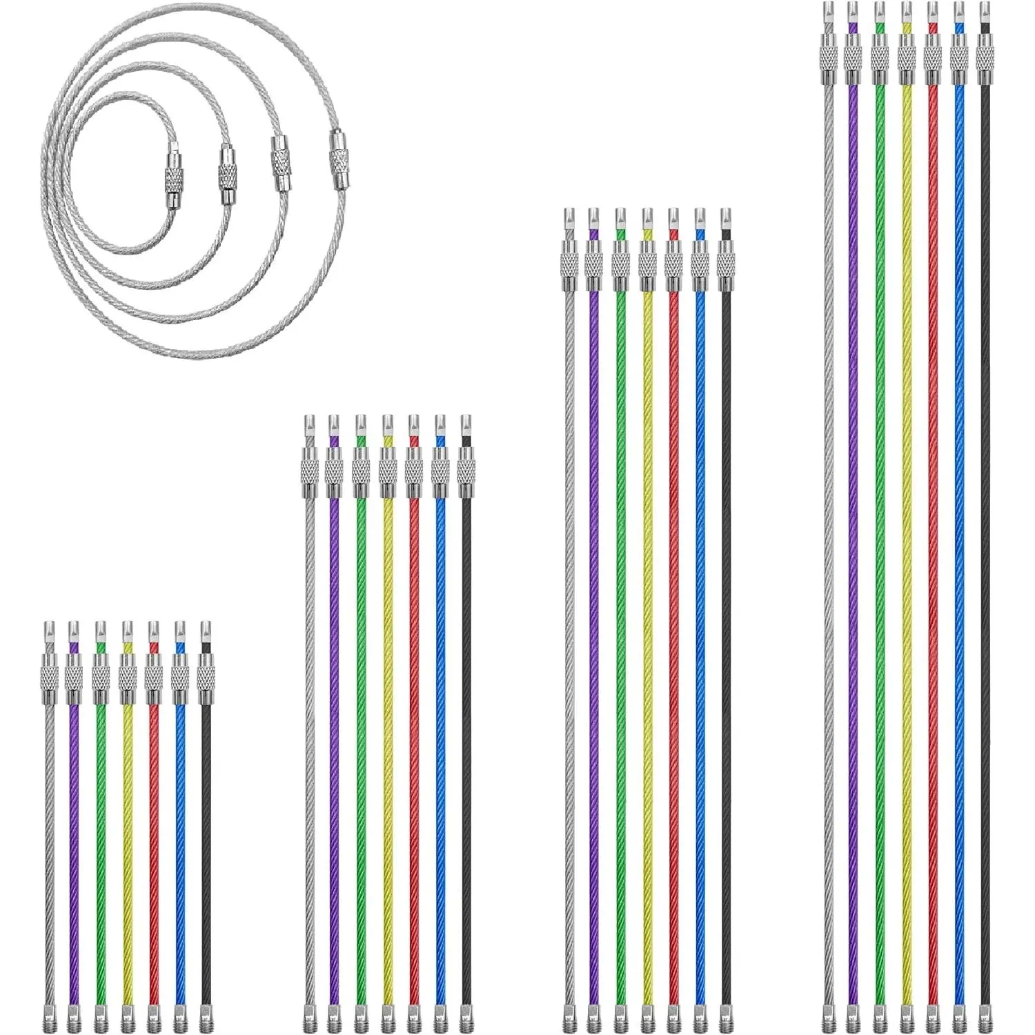 28 count Metal Wire Keychains, 2mm Coated Wire Key Rings Loops, 4" 6" 7.8" 10" Stainless Steel Connecter  Keyrings for Hiking Luggage ID Tags,Key Tags,Keyrings, Kitchen Utensils -7 Colors