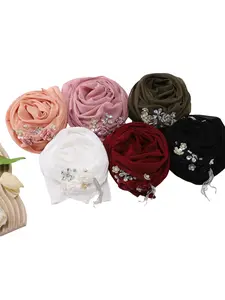 New single-color chiffon high-grade adhesive flower fringe long scarf, Hui ethnic group scarf, Malay headscarf