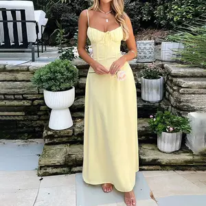 French Vintage Style Yellow Long Dress Coquette Aesthetic Fairycore Sundress Women Spaghetti Strap Tie Front Maxi Dress Summer Vacation Outfit