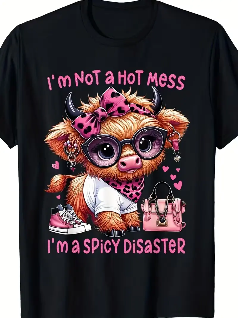 I'm Not a Hot Disaster I'm a Spicy Disaster Highland Cow T-Shirt, Cow With Glasses & Pink Hearts Funny Graphic, Unisex Crew Neck Soft Breathable Tee S-XXXL