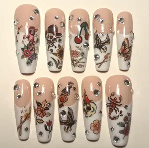 Western Tattoo Nails, Nude White French Nails with Rhinestones, Eagle Skull Snake Cherry Tattoo Art, Vintage Cowboy Nail Set, Edgy Press On Nails
