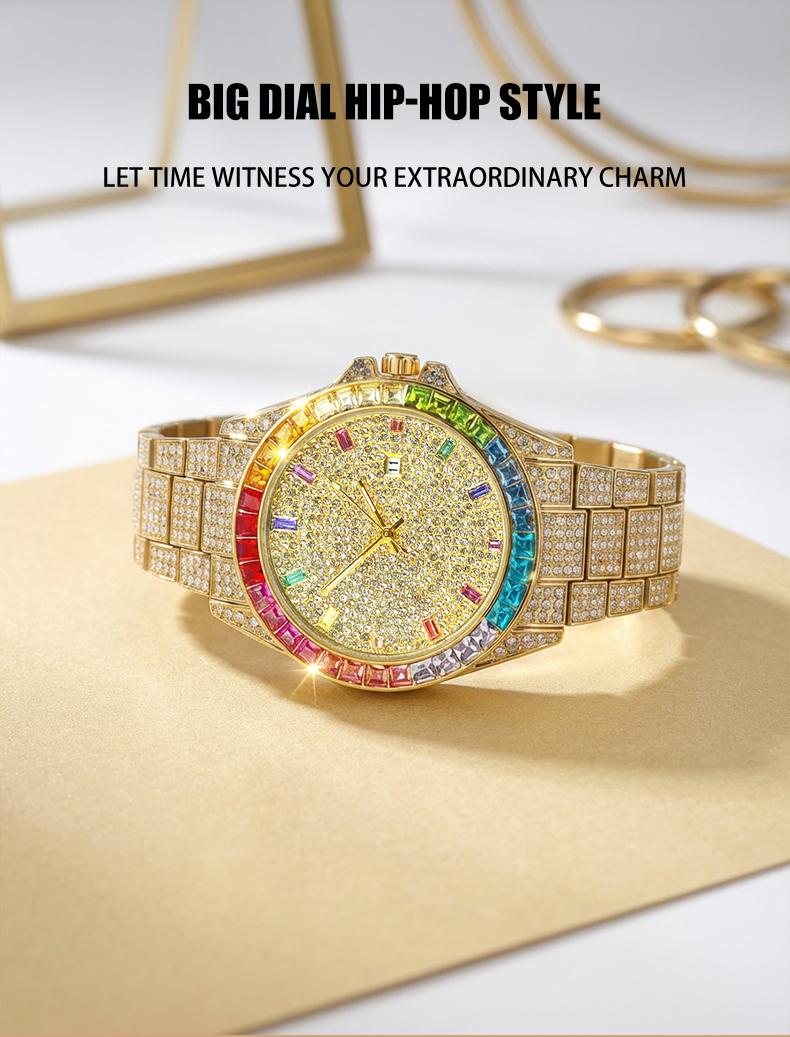 Men's Multifunctional wristwatch Luxury Rhinestone Embellished  QuartzWatch Rainbow Crystal Chronograph  with Gift Box Included Fashion Timeless ClassicWatch Flash Sale -Fashionable