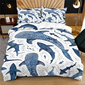 Style Ocean Shark, Queen Size Bedroom Suite, Soft Bedding Set, 1 Coreless Fitted Sheet and 1/2 Pillowcases, No Ca Prop 65 Warning