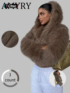 Women's Casual Fashion Hooded Faux Fur Coat, Thick Woven Fabric Outerwear, Warm Short Winter Jacket, New Arrival