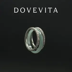 Skinny Jade Ring + 2 Zirconia Ring - Green Crystal Stacking Ring - Natural Gemstone Ring - Boho Jewelry - Gift for Her DOVEVITA