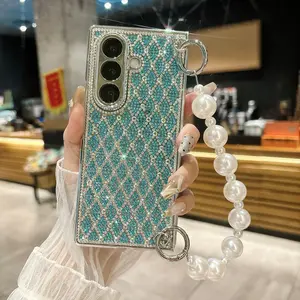 Elegant Crystal Pearl Bracelet Folding Phone Case for Samsung Z Fold 3-7, Full Protection Cover, Flip Stand Cover, Stylish Design for Girls