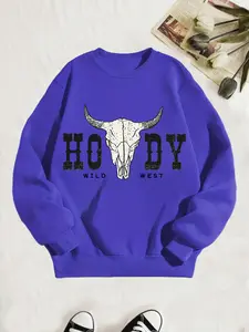 Girl's Cartoon Bull Head & Letter Print Drop Shoulder Thermal Lined Sweatshirt, Casual Long Sleeve Round Neck Pullover for Spring & Fall, Kids Clothes for Daily Wear, Casual Cozy Sweatshirt