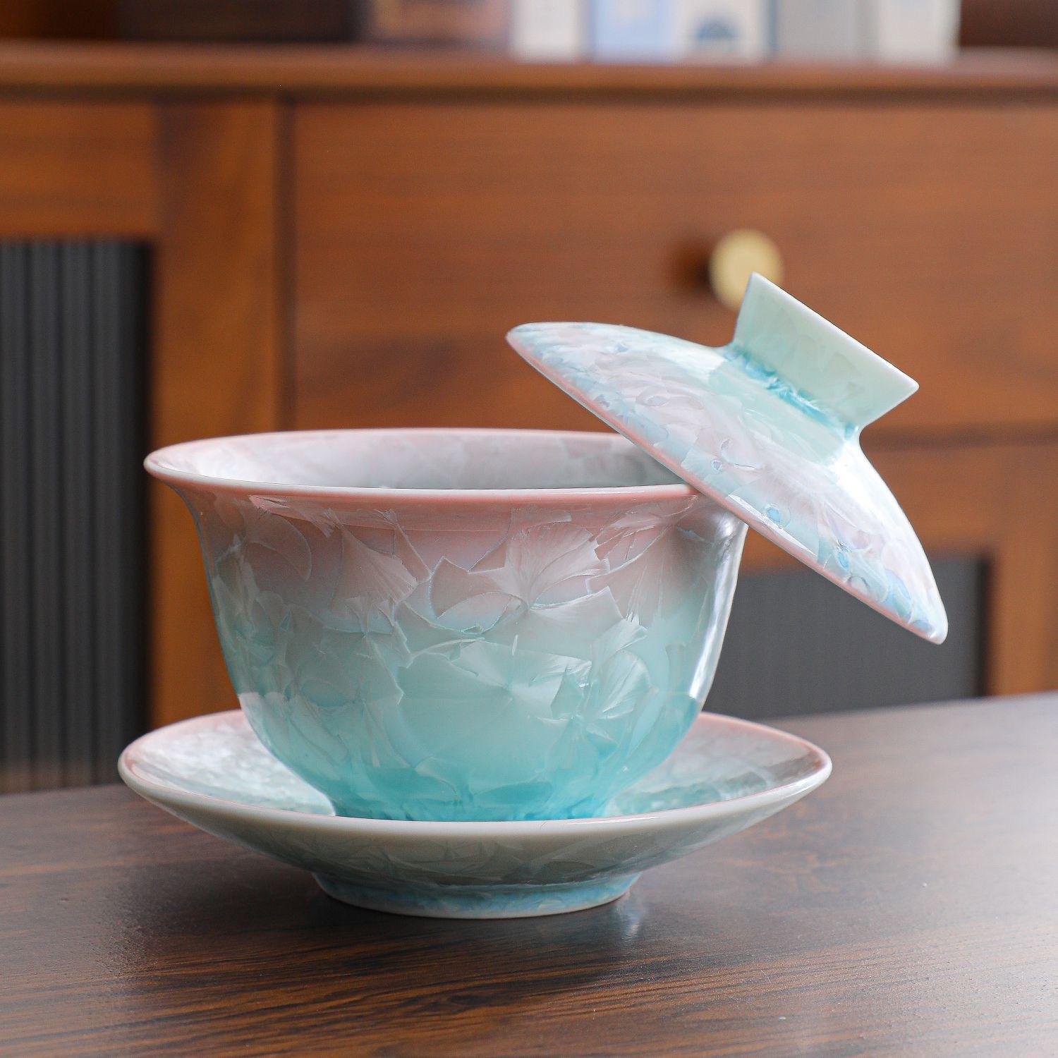 T12. Jingdezhen handmade gradient gaiwan large kiln-fired crystal tea bowl Kung fu tea set for home